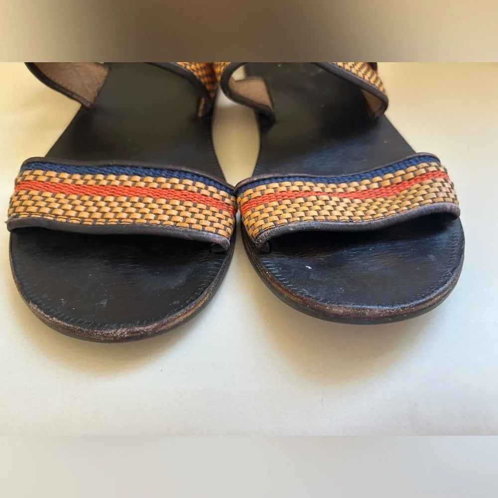 Zara Black Leather Sandals with Tan, Red & Blue Woven Straps